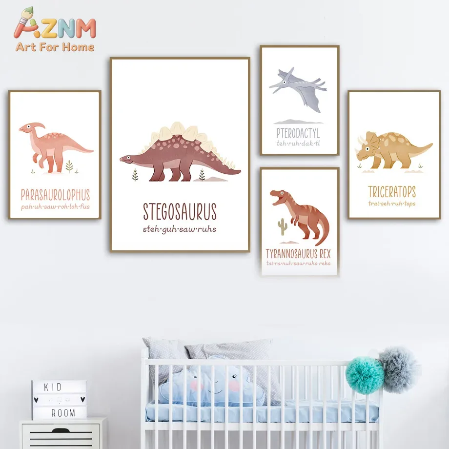Kids Education Name - لوحات فنية جدارية قماشية بتصميم ديناصورات